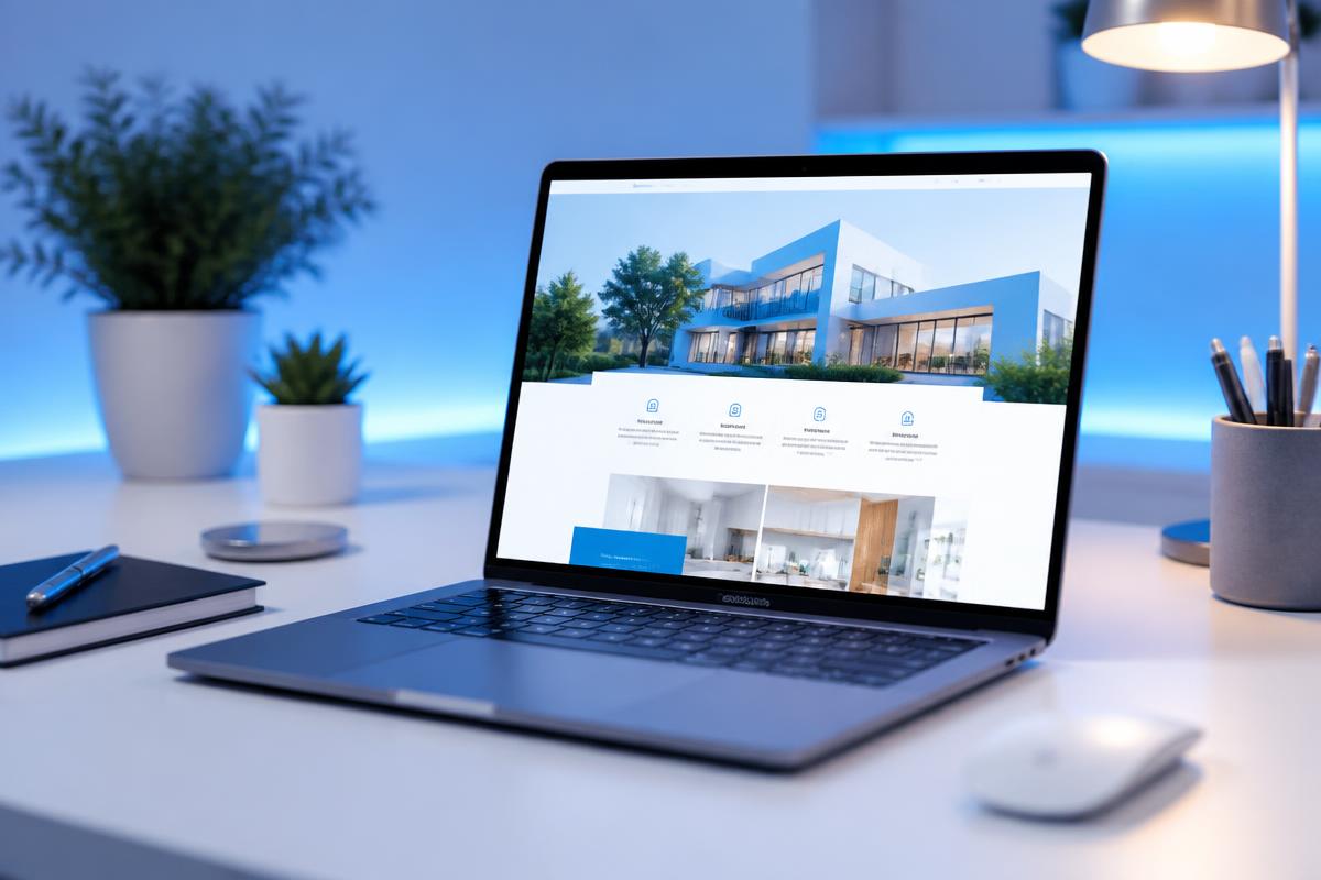 Clean workspace with laptop showing a professional website design